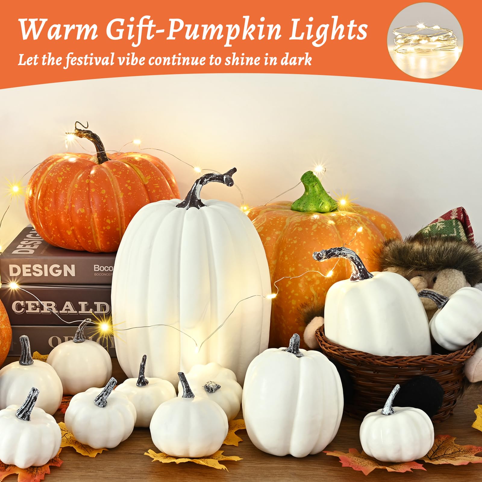 Fall Decor 12 Pcs Fake White Pumpkins Decor with 30 Pcs Maple Leaves and 1pc String Light, Assorted Sizes Artificial Pumpkin Decorations for Home, Fall Harvest Halloween Thanksgiving Home Decor