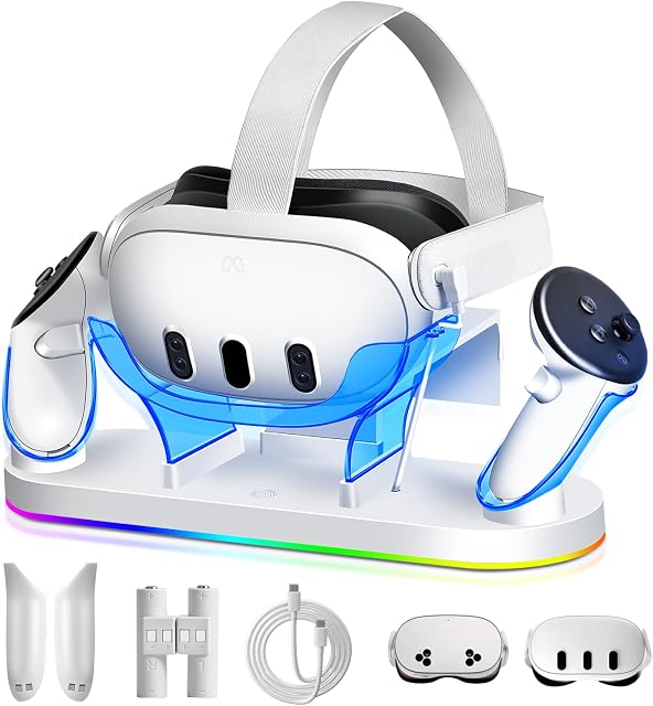 Charging Dock for Meta Quest 3/3S, 18W Fast Charger with 2 Rechargeable Batteries, 8 LED Lighting Modes, USB-C Charging Accessory, Charging Stand for VR Headset and Controller