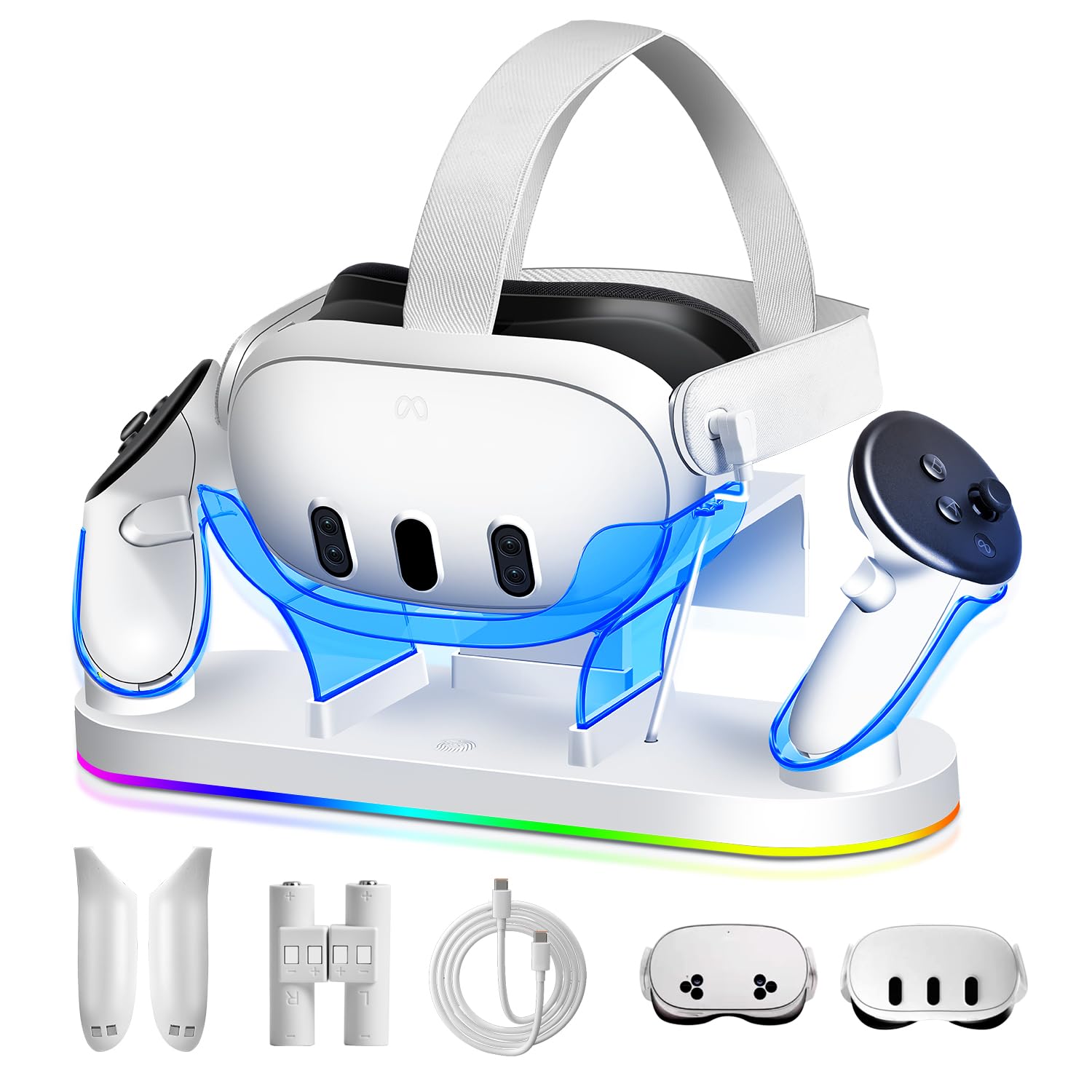Station de Charge Rapide 18W RGB pour Meta Quest 3/3S, avec 2 Batteries Rechargeables, 8 Modes de Lumière LED, Accessoire de Charge USB-C pour Oculus/Meta Quest 3/3S, Compatible avec Strap Eli