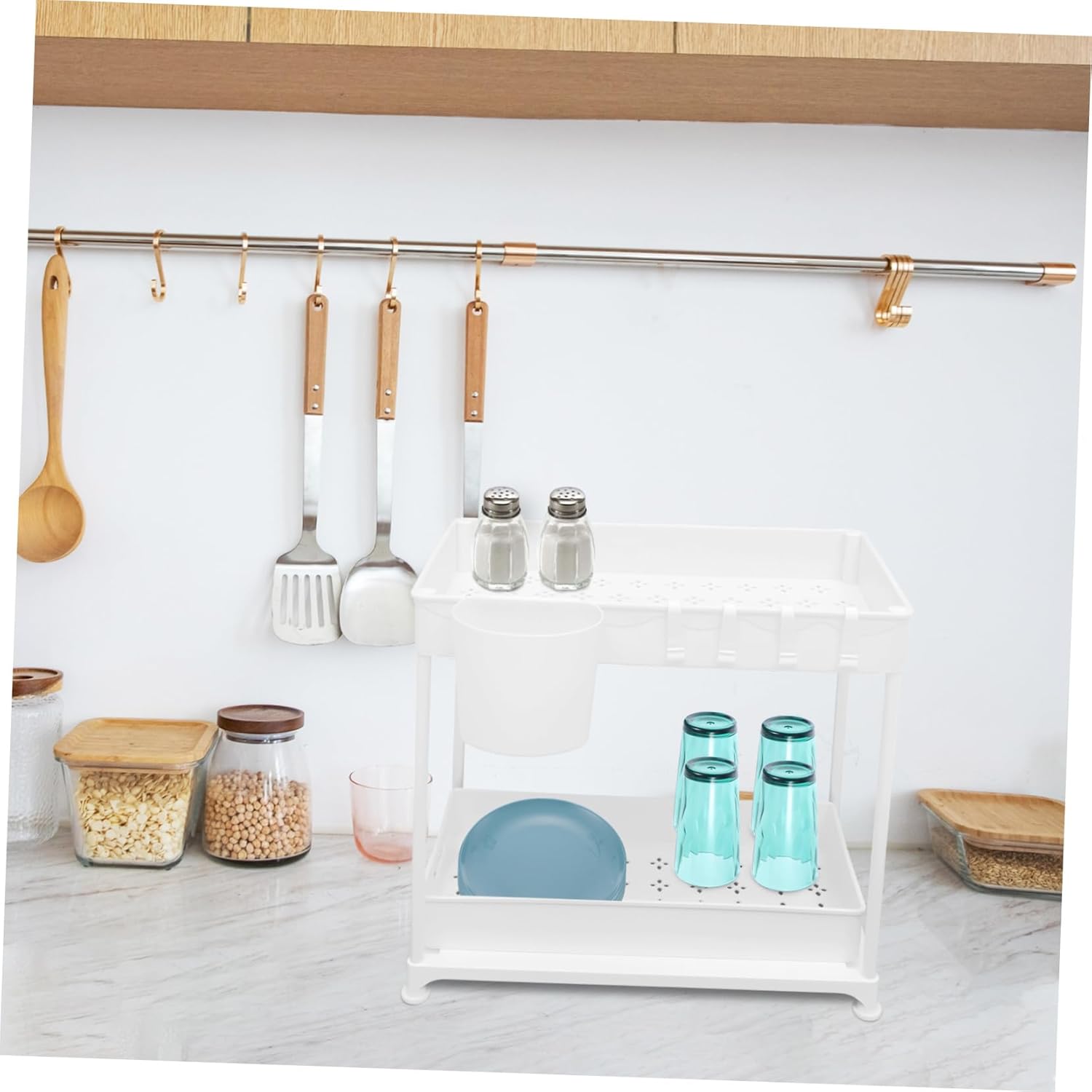 1set under Sink Storage Organizer Sliding Basket Rack for Kitchen Cabinet with Hook Cup Material Strong Load Capacity for Countertop and Cabinet Organization