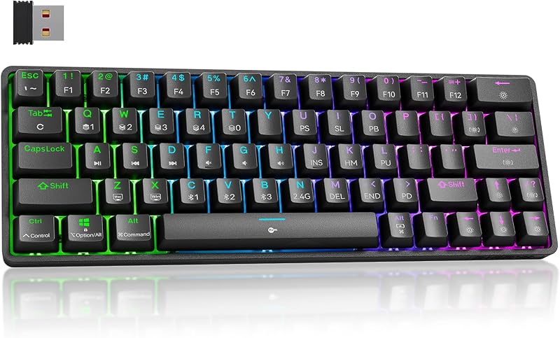 Dierya DK63 Vezeték Nélküli Mechanikus Gamer Billentyűzet, 60% Kompakt, RGB Háttérvilágítás, Bluetooth/2.4G/USB-C, Lineáris Piros Kapcsoló