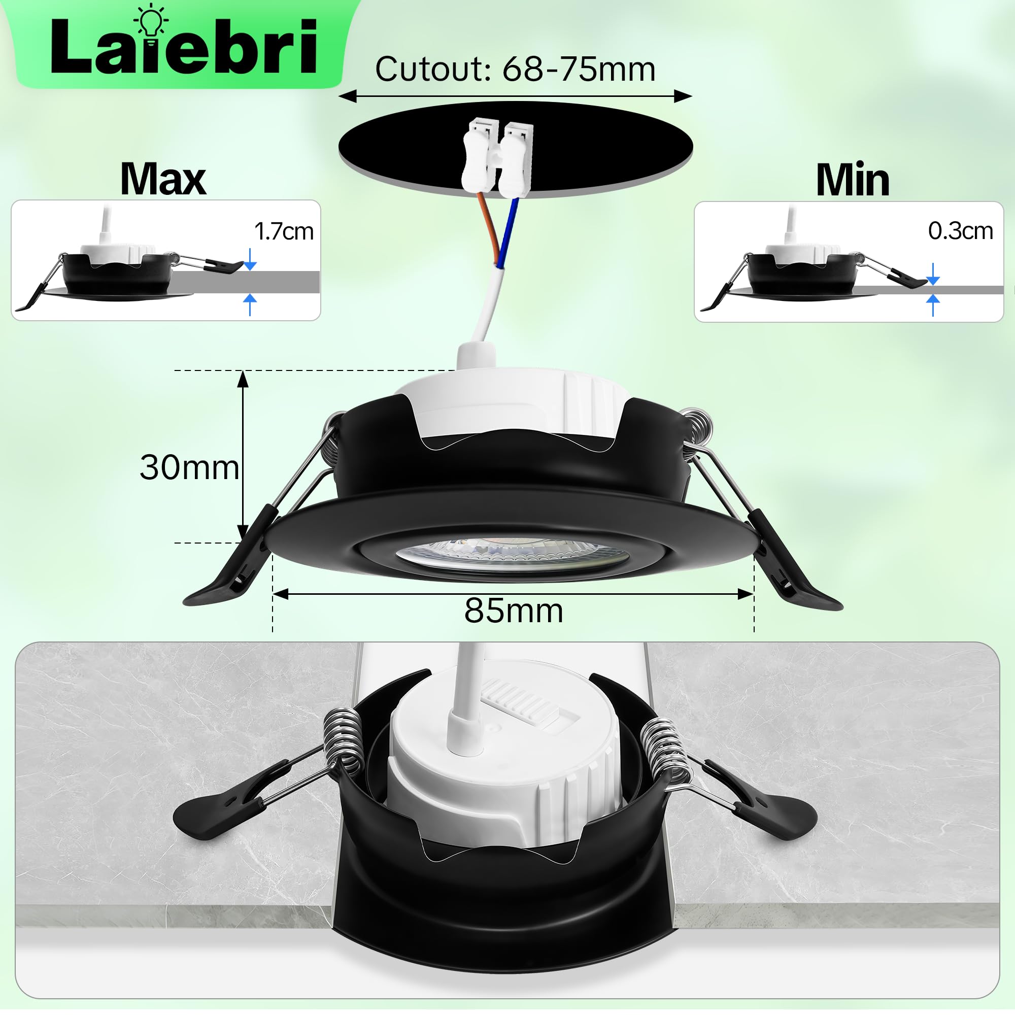 Focos empotrables LED, 230 V, regulables, 6 W, IP44, diámetro 68 mm, giratorios 38°, temperatura de color 3000 K/4000 K/6000 K, para baño, planos, negro, 10er