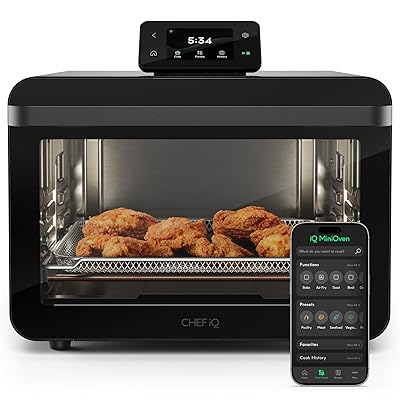 CHEF iQ MiniOven Smart Toaster Oven Air Fryer Combo, 11-in-1 Countertop Convection Oven, Bake, Broil, Air Fry, Broil, Dehydrate, 1750W, 25 Qt Capacity, Fast Cooking with Touchscreen Controls – Black