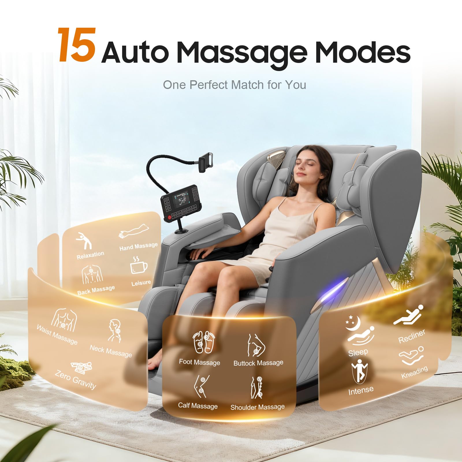 Poltrona massaggiante, con 16 rulli massaggianti, 8 airbag, Riscaldamento lombare, Rullo per polpacci e massaggio con airbag, Altoparlante Bluetooth, Telecomando touchscreen