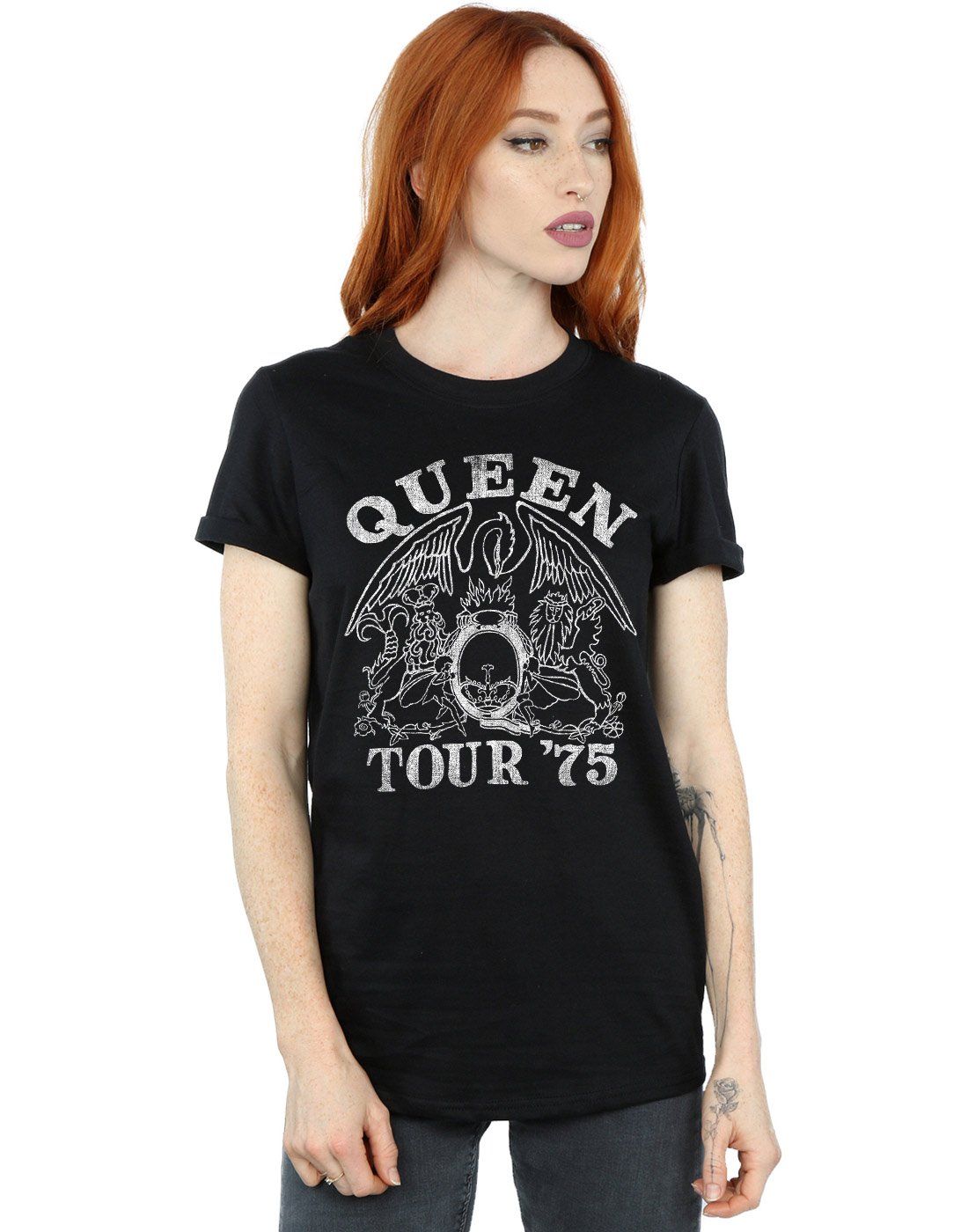 Absolute Cult Women's Black Queen Tour 75 Crest Boyfriend Fit T-Shirt XXX-Large