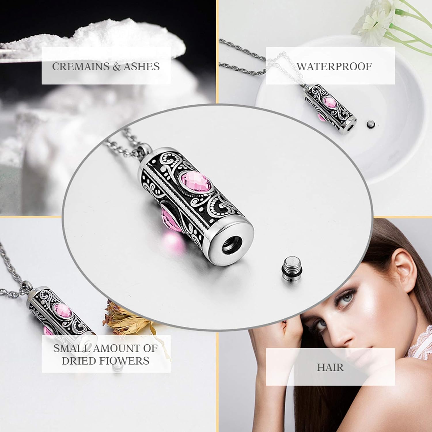 XIUDA Crystal Cremation Urn Necklace for Ashes Keepsake Stainless Steel Memorial Pendant with Flower - Image 4