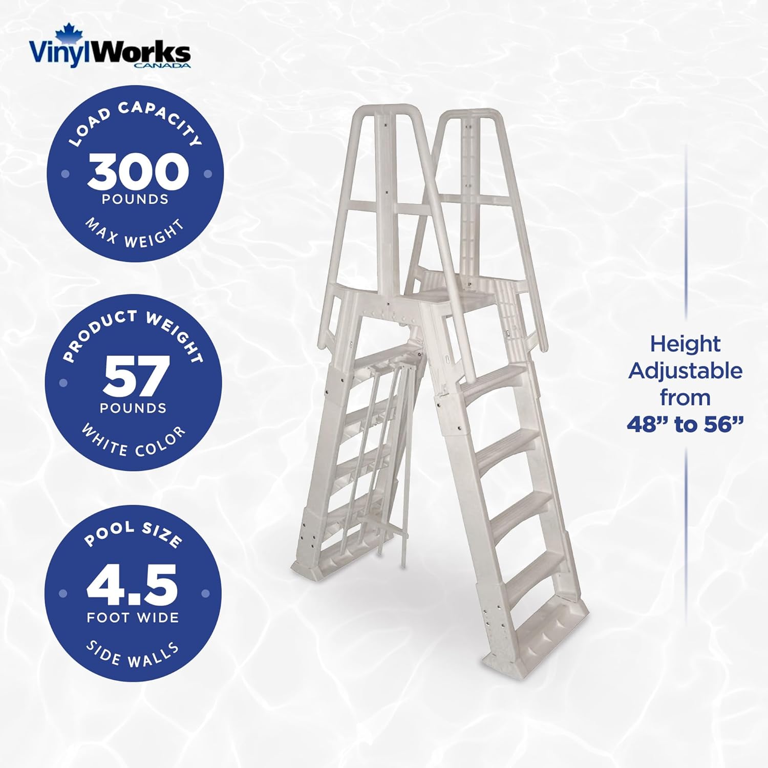 Vinyl Works SLA A-Frame 48 to 56 Inch Adjustable Above Ground Swimming Pool Ladder Entry System with Slide Lock Barrier and Handrails, White