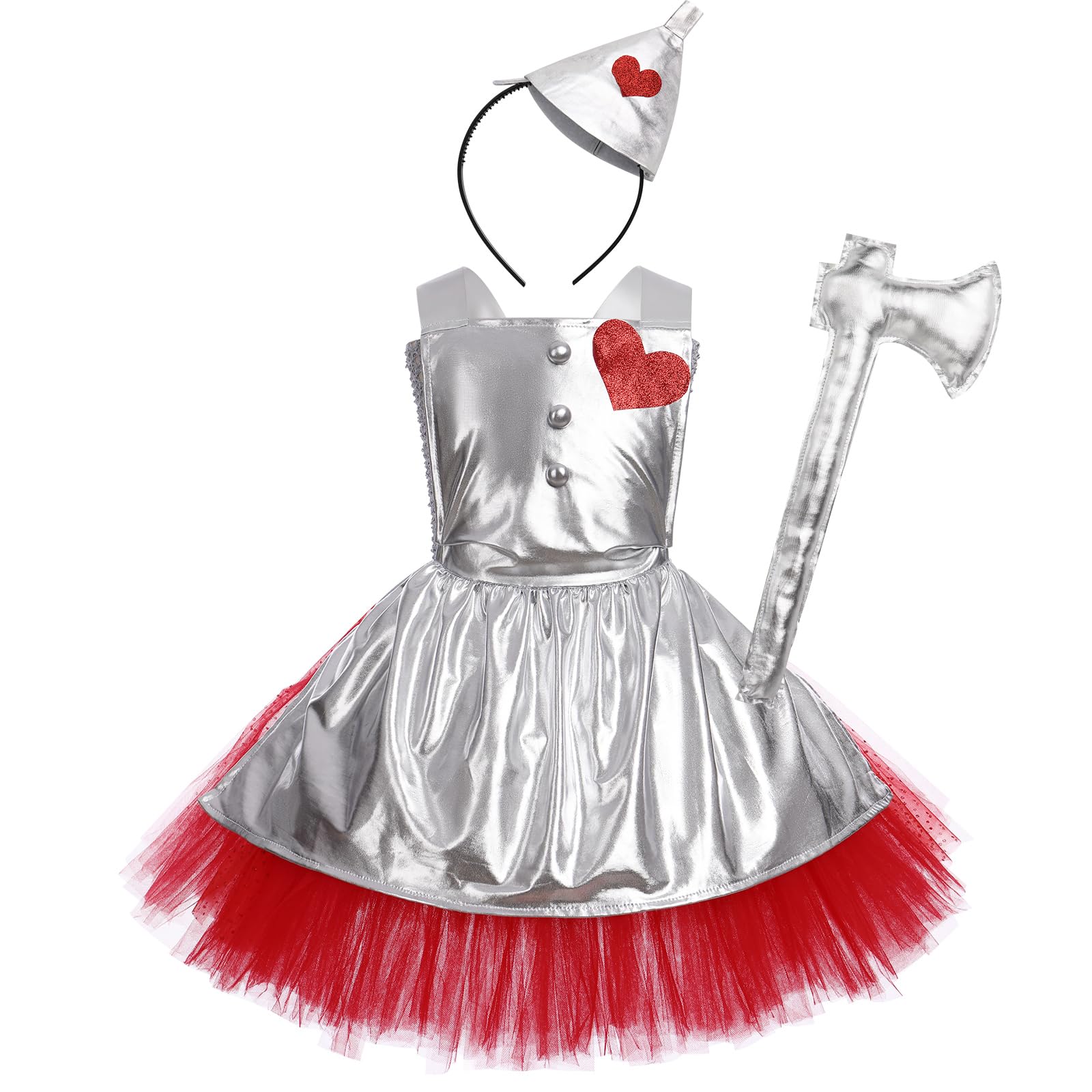 OBEEII Kids Girls Dorothy Tin Man Lion Scarecrow Costume Cosplay Halloween Dress Up Costume Children Movie Theme Role Play Tutu Dress with Accessory Silver 7-8 Years