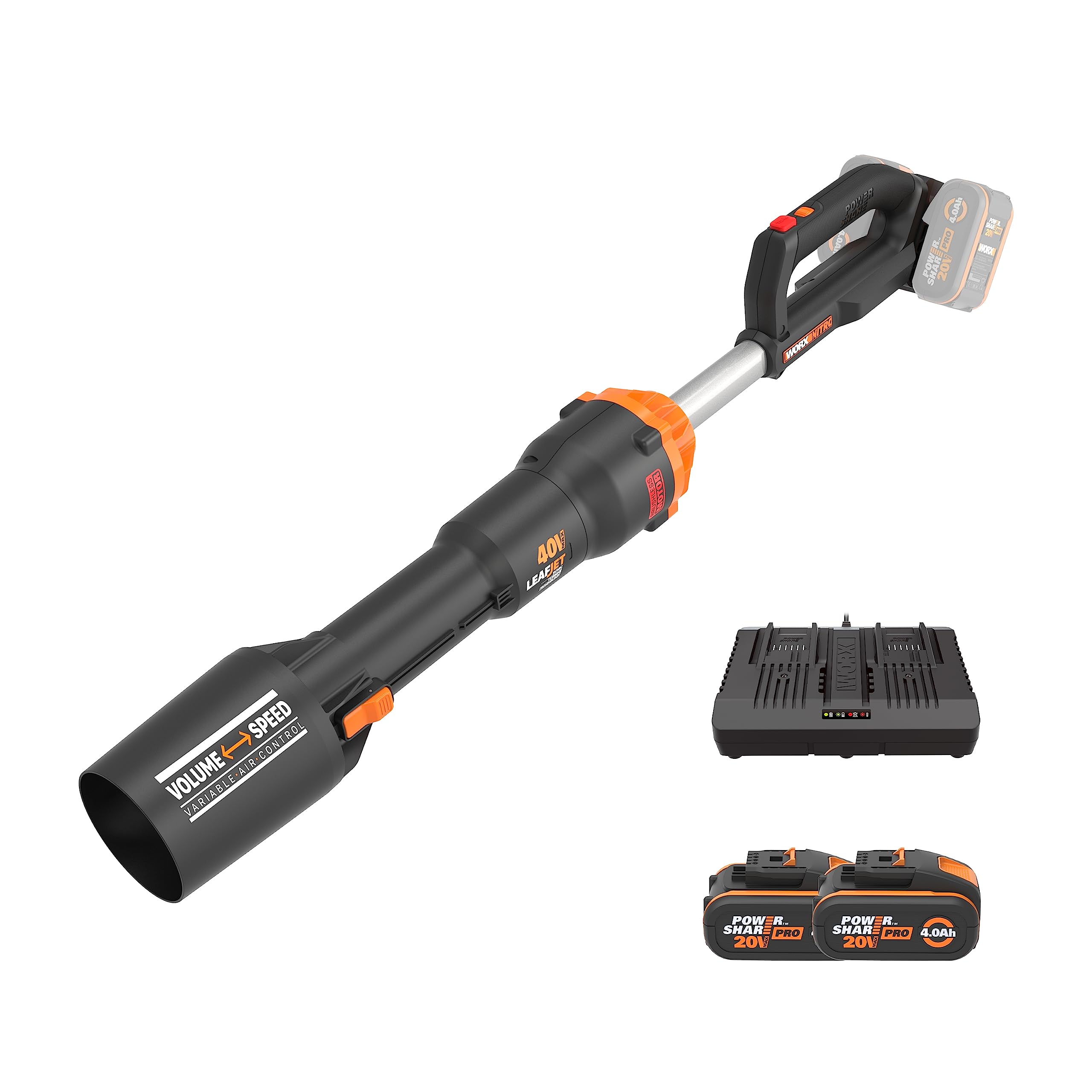 WORX - Bezprzewodowa dmuchawa - silnik bezszczotkowy - 2x akumulator WORX 20 V 4 Ah i podwójna ładowarka - do dużych powierzchni - 266km/h - 1053 m³/h - kompatybilna z narzędziami Powershare - WORX