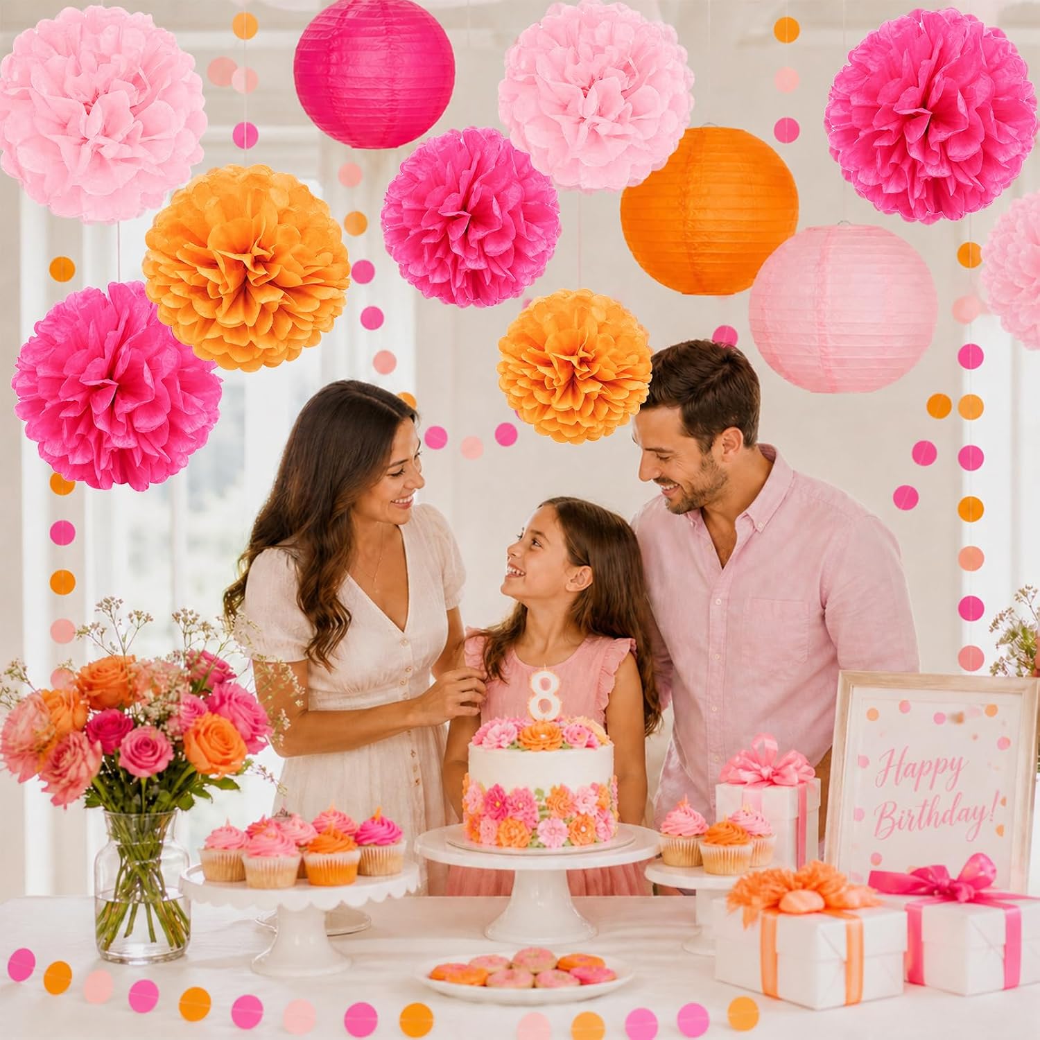 Pink and Orange Party Decorations, 14 Count Hot Pink Tissue Paper Flowers Pom Poms, Paper Lanterns and Circle Dot Garland for Sunset Birthday Baby Shower Bridal Shower Graduation Decor