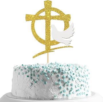 MonMon & Craft Cross Cake Topper with Pigeon Dove/God Bless Mi Bautizo Cake Topper/Christening Cake Topper/First Communion/Baptism Birthday Party Decorations Supplies - Gold Glitter