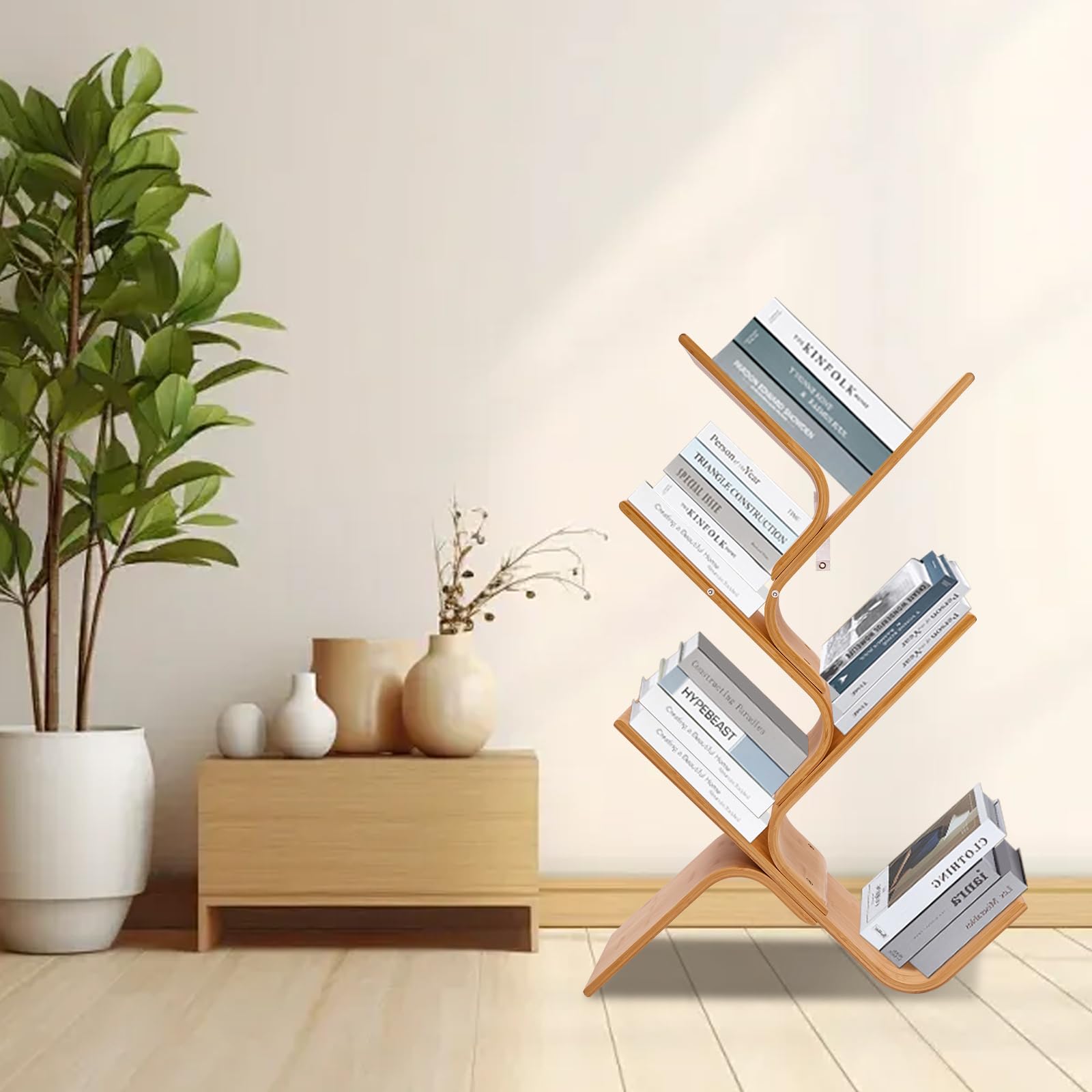Librería de bambú de 5 niveles para el suelo, estantería moderna de pie, estantería curvada creativa, estantería de árbol curvada de bambú curvado para el hogar, salón, esquina, dormitorio