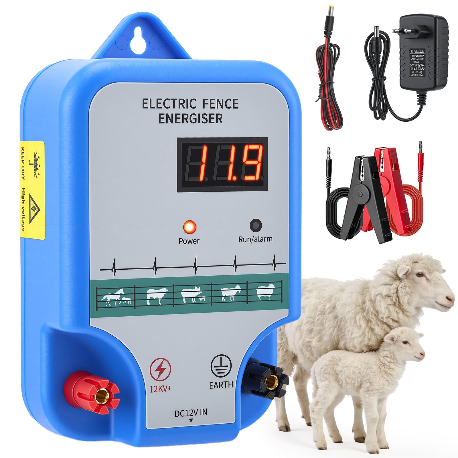 Elettrificatore per Recinto Elettrico 12KV 1.5J, Recinto Elettrico per Animali 15km con 3 Alimentazioni, AC230V Recinzione Elettrica per Animali Display LED Impermeabile per Cavalli Pecore Fattoria
