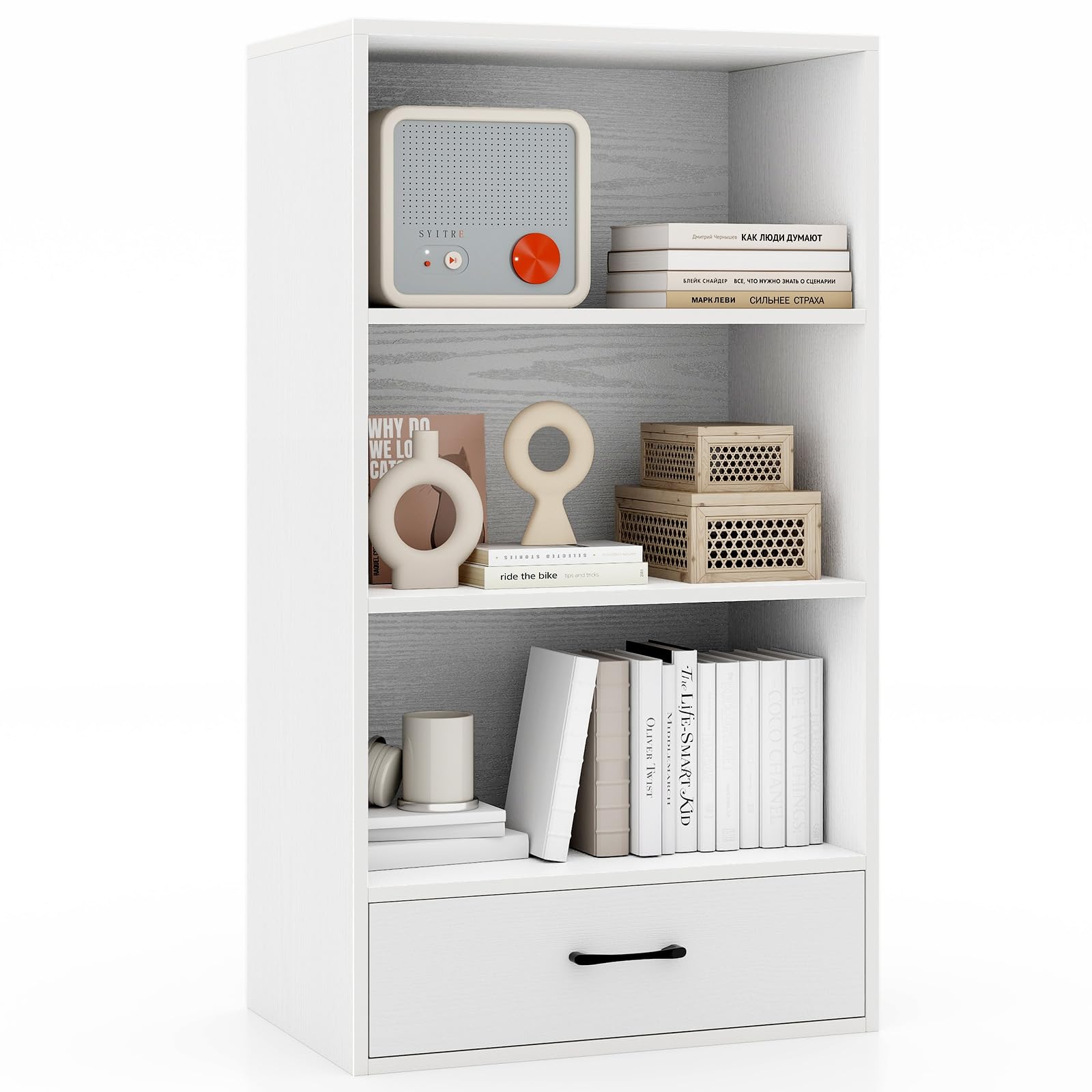 Tangkula 3 Tier Bookcase with Drawer, 42.5”Tall Freestanding Bookshelf with 3 Open Shelves & 1 Drawer, Anti-toppling Devices, Modern Display Storage