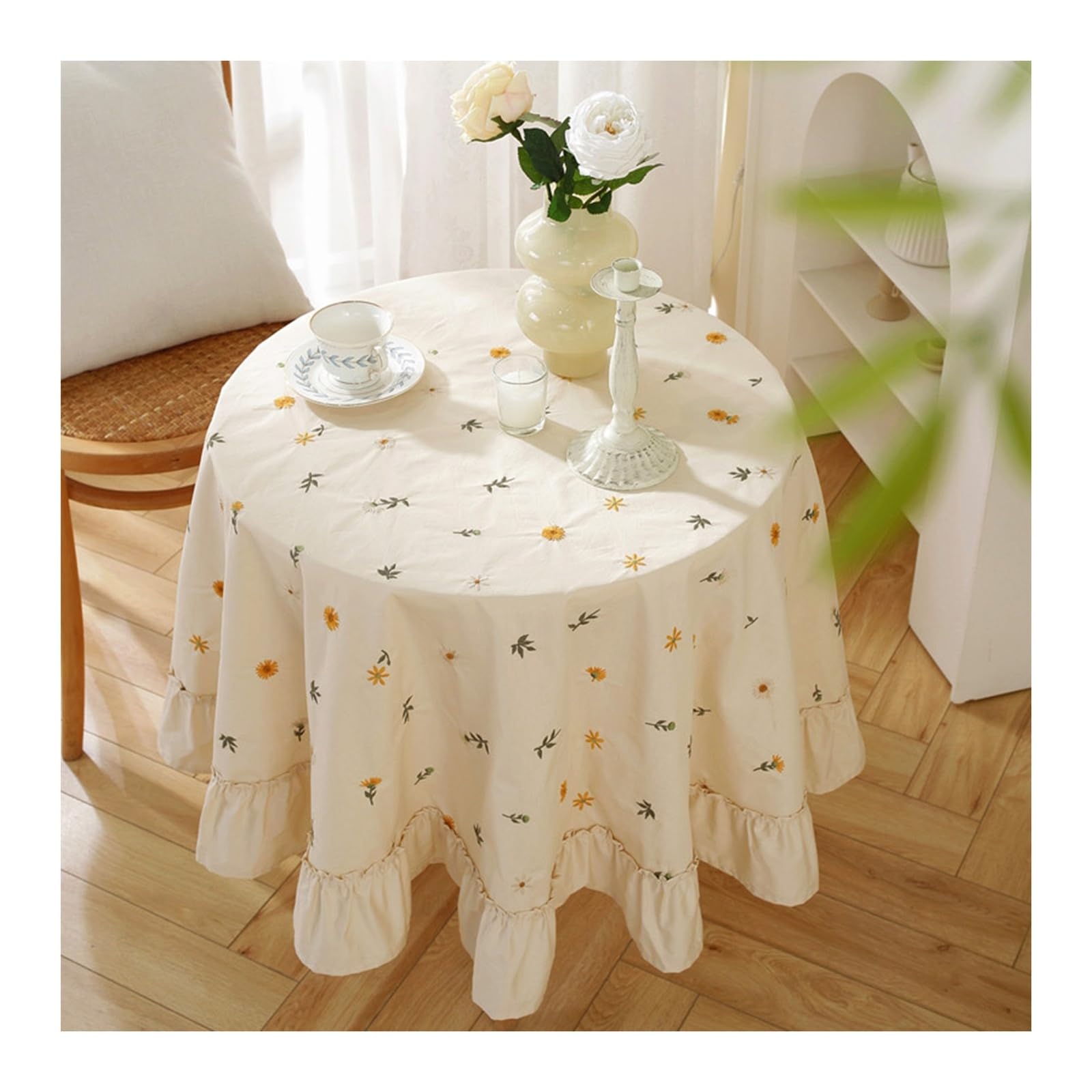 Nappe ronde crème anti-tache en coton lavable pour en finir avec les corvées