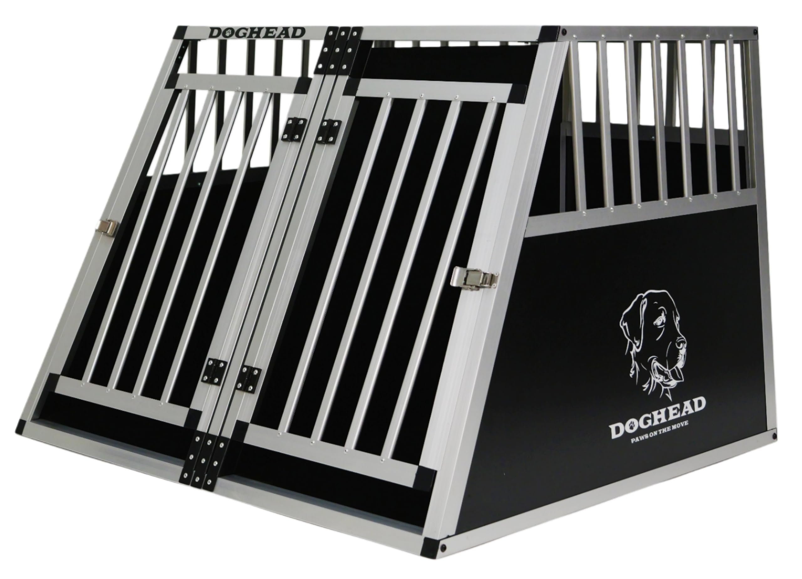 DOGHEAD Hundetransportbox Ecoline, Double 97x85x69 cm EG, Schwarz, Aluminium, Vorne 65° Grad abgeschrägt, hinten 90° Grad gerade, 2 Trennwände, Keine Kombibox wegen der Höhe von 69cm