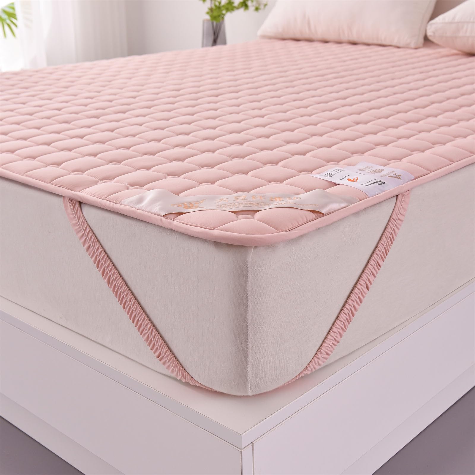 Odot Protector de Colchón Acolchado Color Sólido, Protectores de Colchón Funda de Colchón con 4 Bandas Elásticas Cubre Colchón Suave Comodo Sábana Protectora para Cama (200x220cm,Rosa C)