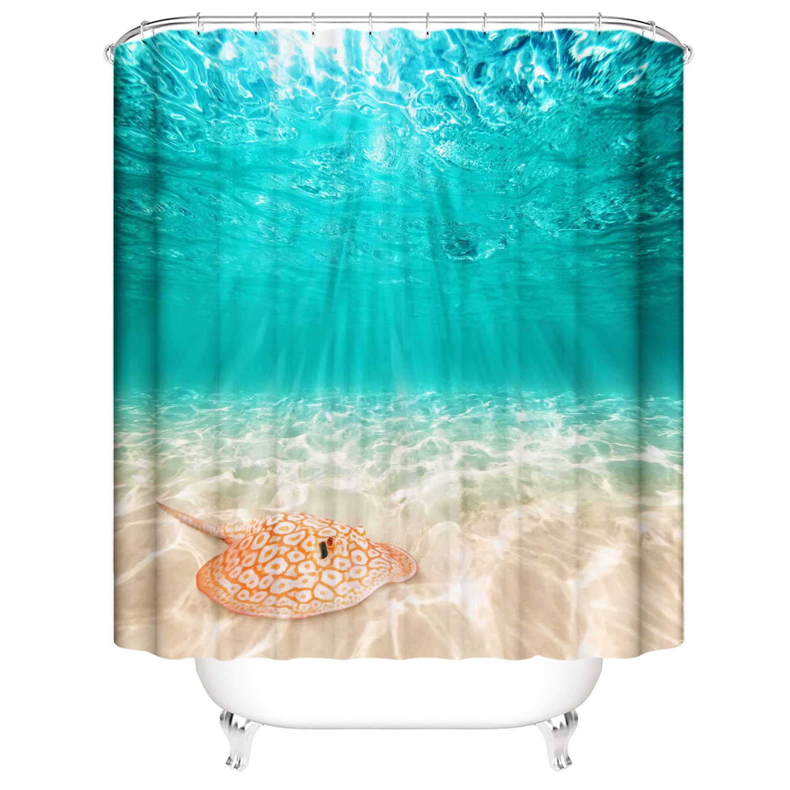 OCEUMACO 3D Oceano Cortina Ducha Antimoho Original Bajo el Mar Turquesa Cortinas de Baño Lavable 180x200 Tela Impermeable Estampada Arena Beige Animales Manta Cortina de Ducha Poliéster