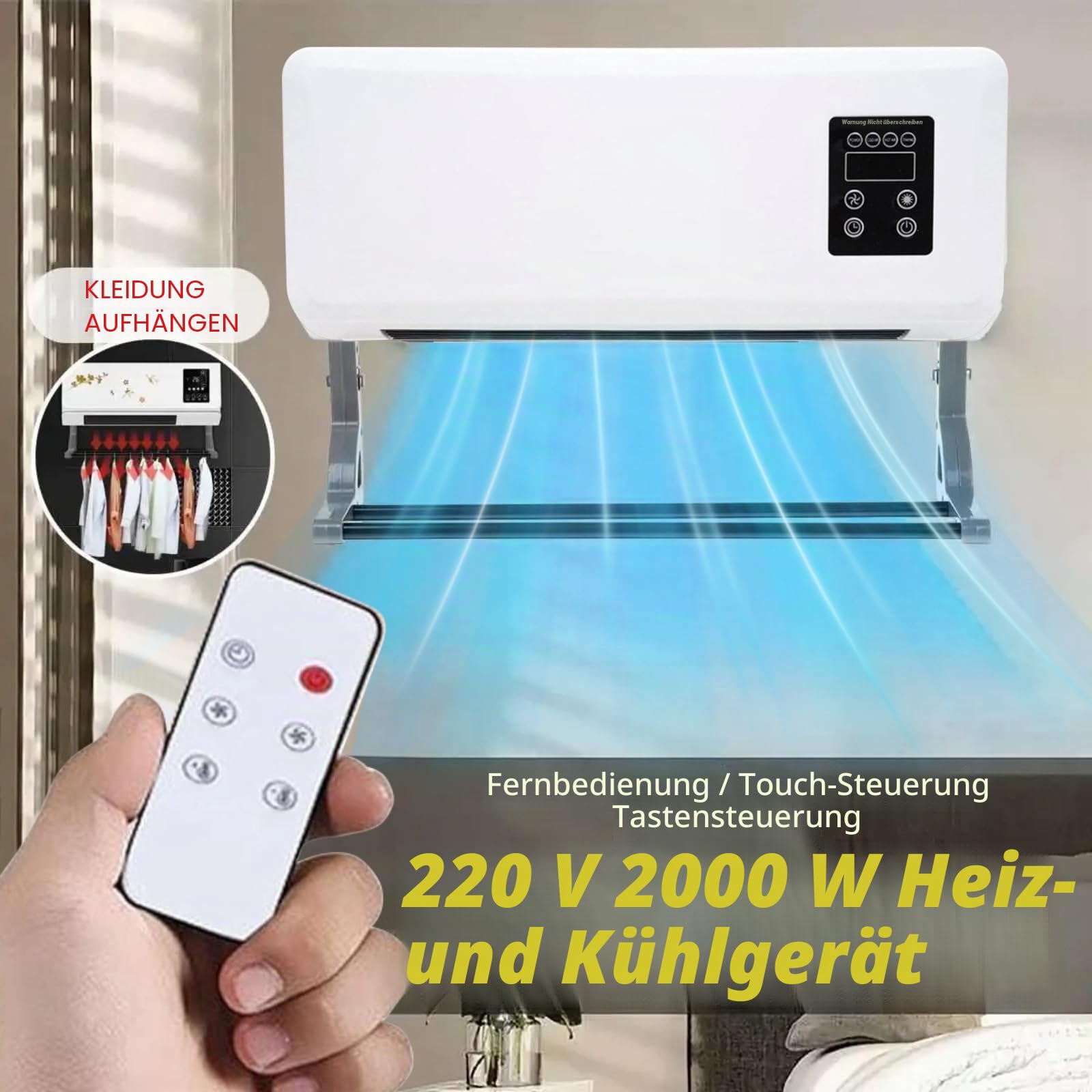 Mobile Klimaanlage ohne Abfluss, Split-Klimagerät ohne Außeneinheit, Wandventilator mit Fernbedienung
