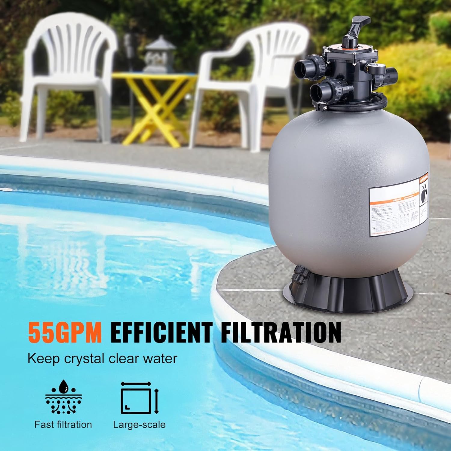 Happybuy 22-Inch Sand Filter, Up to 55 GPM Flow Rate, Above Ground Swimming Pool Sand Filter System with 7-Way Multi-Port Valve for Filter, Backwash, Rinse, and More