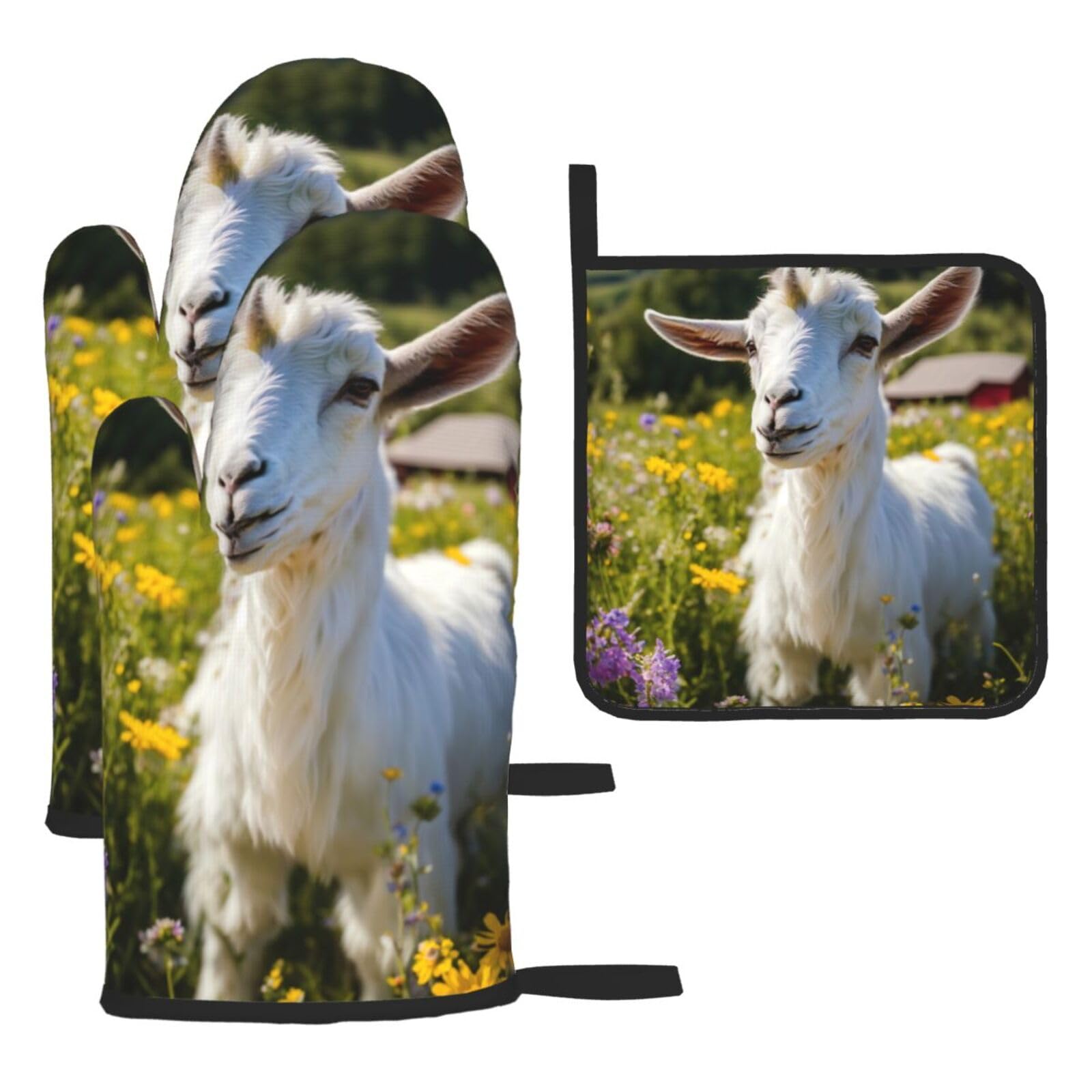 Goat Print Oven Mitts Kitchen Gloves Set Everyday Baking Grilling Microwaving Cooking Gift