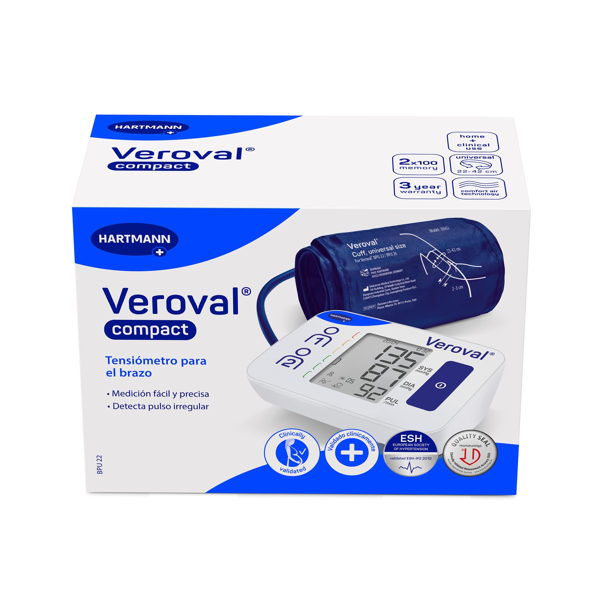 VEROVAL, Tensiómetro de Brazo Digital Compact, Tensión Arterial, Medir la Presión Arterial, Medición Rápida y Precisa, Ergonómico, 200 Lecturas, Talla Universal