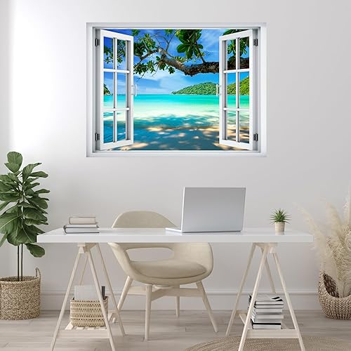 Miniatura 3 de wall26 Adhesivo removible de paredmural de pared, vista de ventana, azul neón, verde azulado, océano, mar, playa, orilla, horizonte, naturaleza,