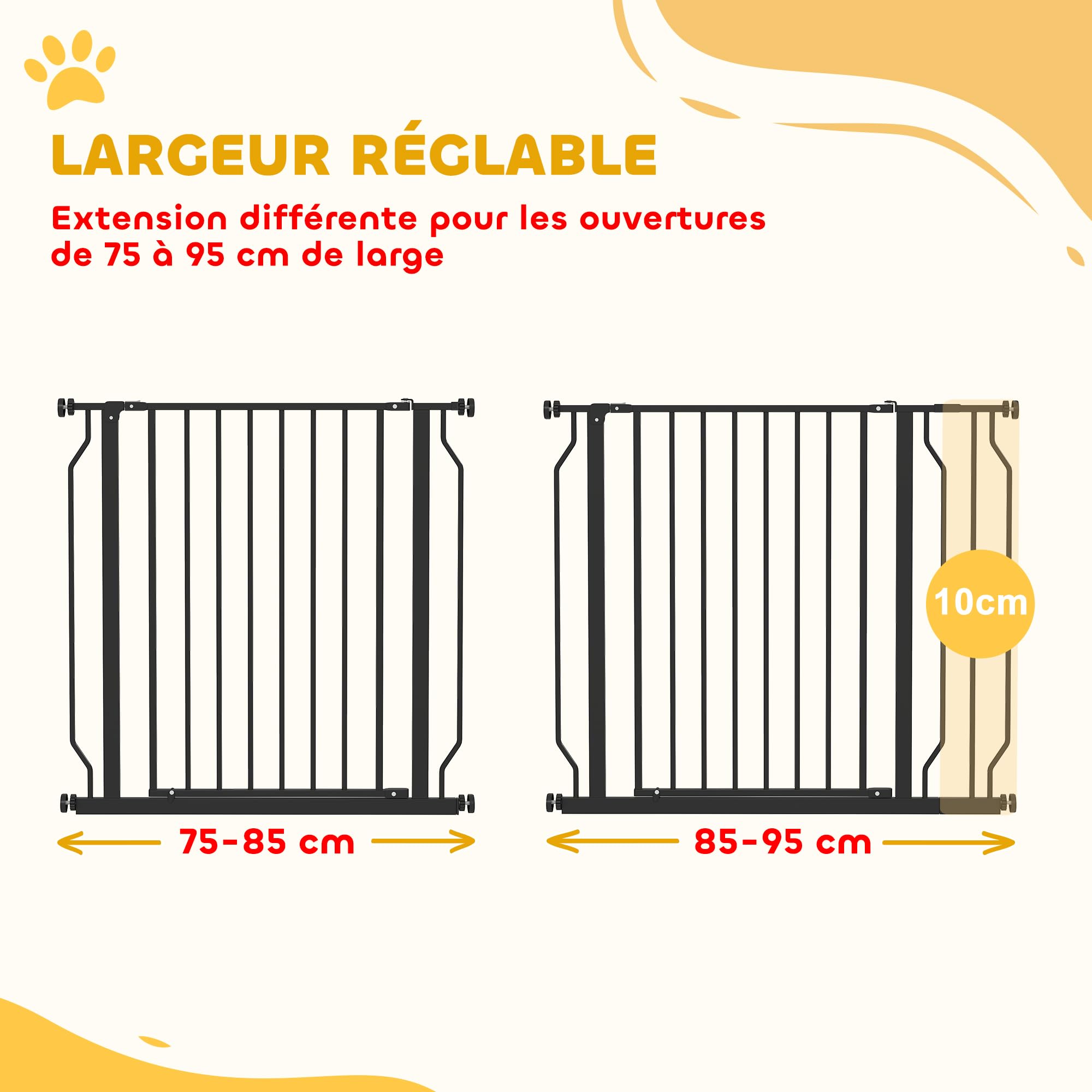 PawHut Barrière de sécurité Chien barrière Extensible 75-95 x 76 cm barrière escaliers couloirs Portes sans perçage en Acier et ABS Noir