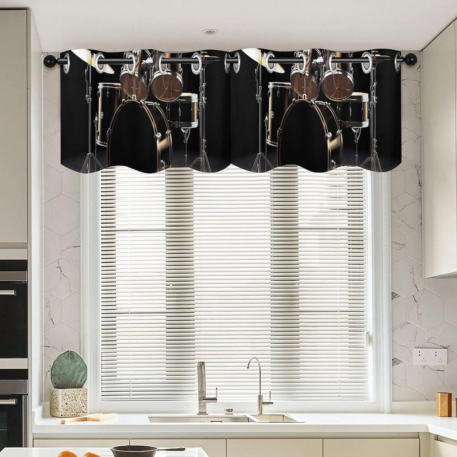 Cool Drum Set Valance for Windows, 2 Pack Kitchen Curtains Modern Home Decor, Soft Blackout Window Curtains for Living Room & Bedroom, 18 X 52 Inch