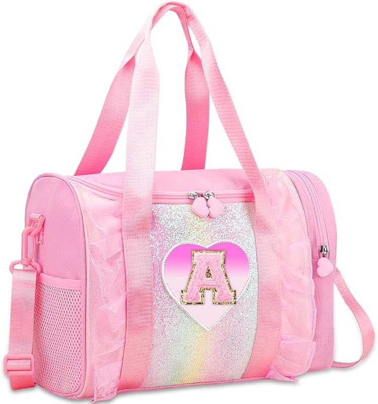 Personalized Initial Dance Bag for Girls - Toddler Travel duffle bag Gift for Teen Girls Lightweight Water Resistant Oxford Backpack for Ballet Cheerleading Sleepovers Gymnastics Pink A