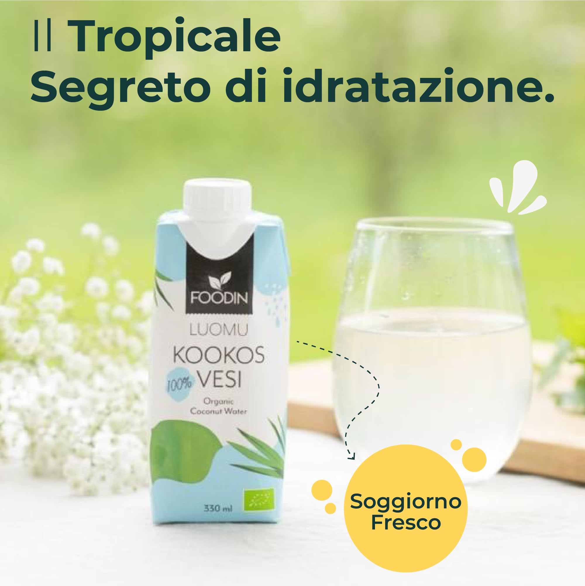 Foodin Acqua di Cocco Biologica, Naturalmente Idratante con Elettroliti, Senza Grassi, Senza Glutine, Non OGM, A Basso Contenuto Calorico - Dissetante Lenitivo - Confezione da 12 (12x330ml)