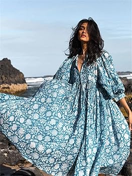 Women Oversized Casual Loose Dresses Floral Printed Long Dresses Lantern  Sleeve Boho Beach Holiday Dress Black S at Amazon Women's Clothing store