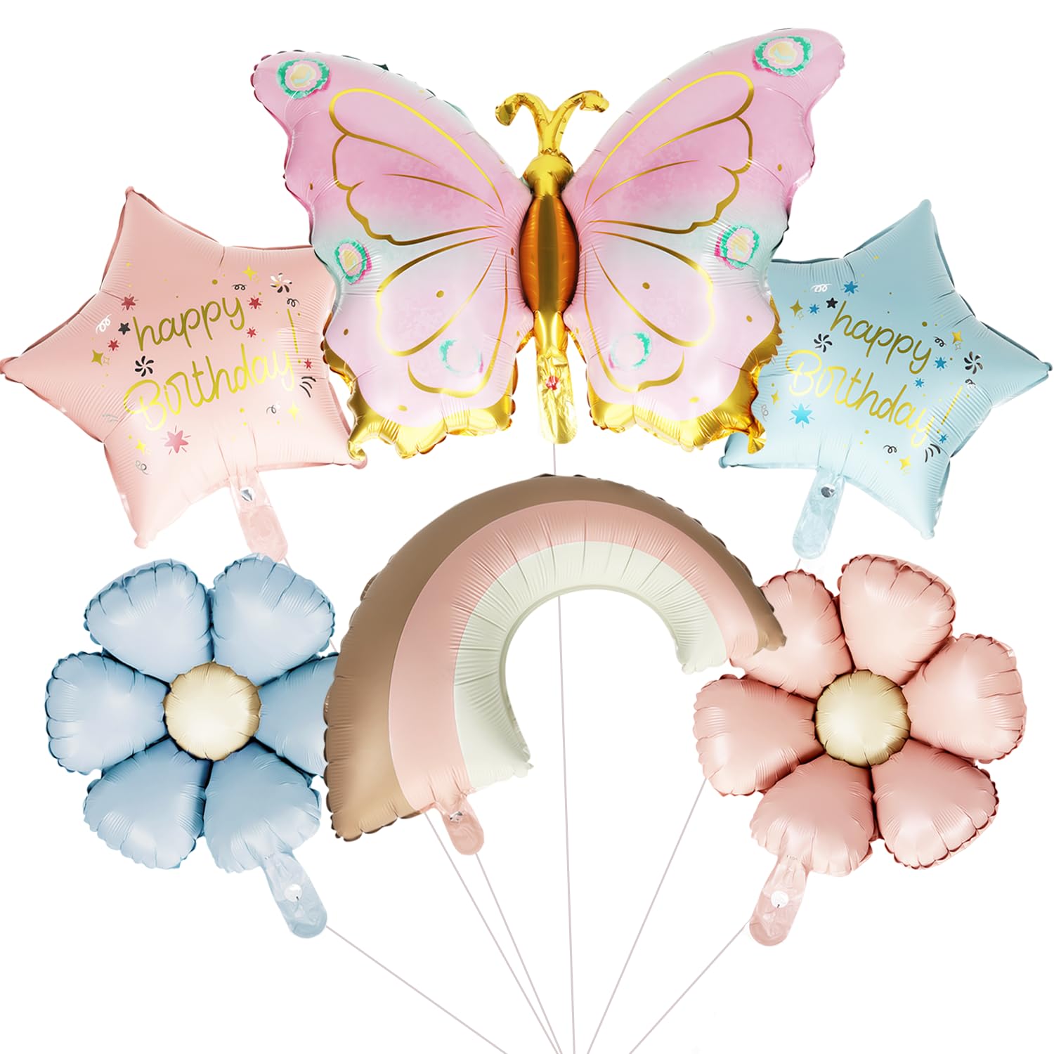 6 Stück Schmetterling Folienballon, XXL Regenbogen Gänseblümchen Themenballon, süße Blumen Helium Ballon, Bunt Schmetterlinge Stern Luftballons für Mädchen Kinder Geburtstag Jubiläum Motto Party