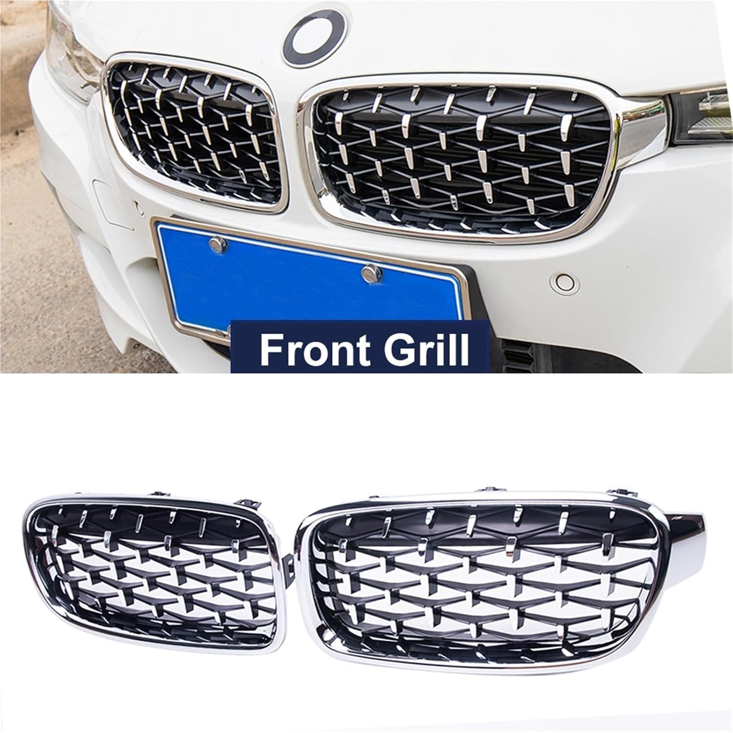 One Pair Chrome Kidney Grilles Compatible with BMW 3 Series F30 F35 F31 2012-2018 Meteor Style Diamond Style Racing Grills(Glossy Black)