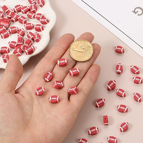 Miniatura 4 de 100 cuentas de arcilla polimérica deportiva, cuentas de bola de rugby, fabricación de joyas para aretes, pulseras, collares, llaveros, accesorios de