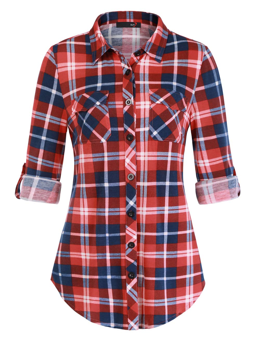 DJT Damen Weiches Gestrick Kariertes Blusen Langarm Oberteile Roll Up Ärmel Hemdbluse Button Down Tops