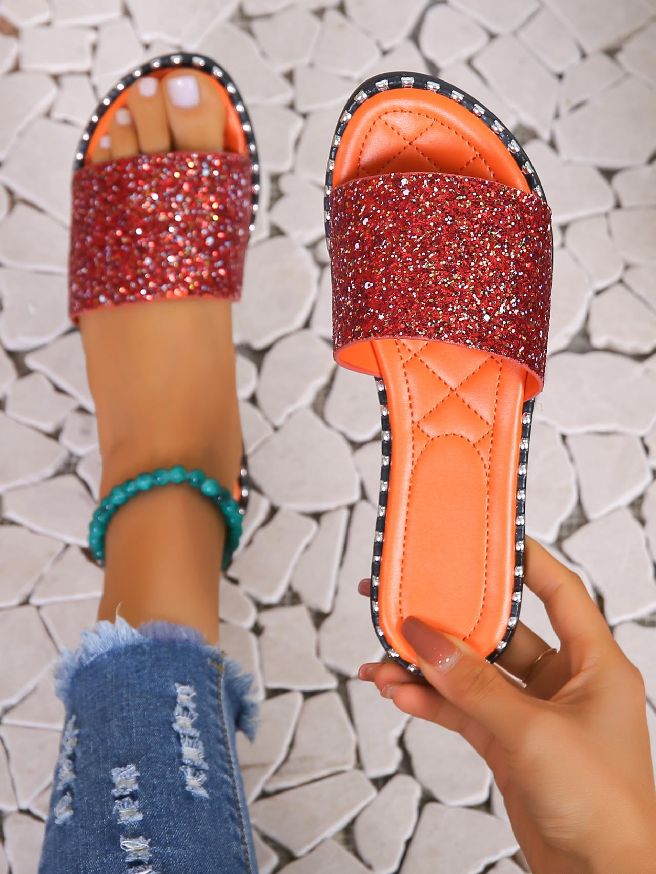 Women's Open Toe Flat Sandals Sparkle Rhinestone Glitter Shiny Casual Fashion Slippers Quick Drying Indoor & Outdoor Slides