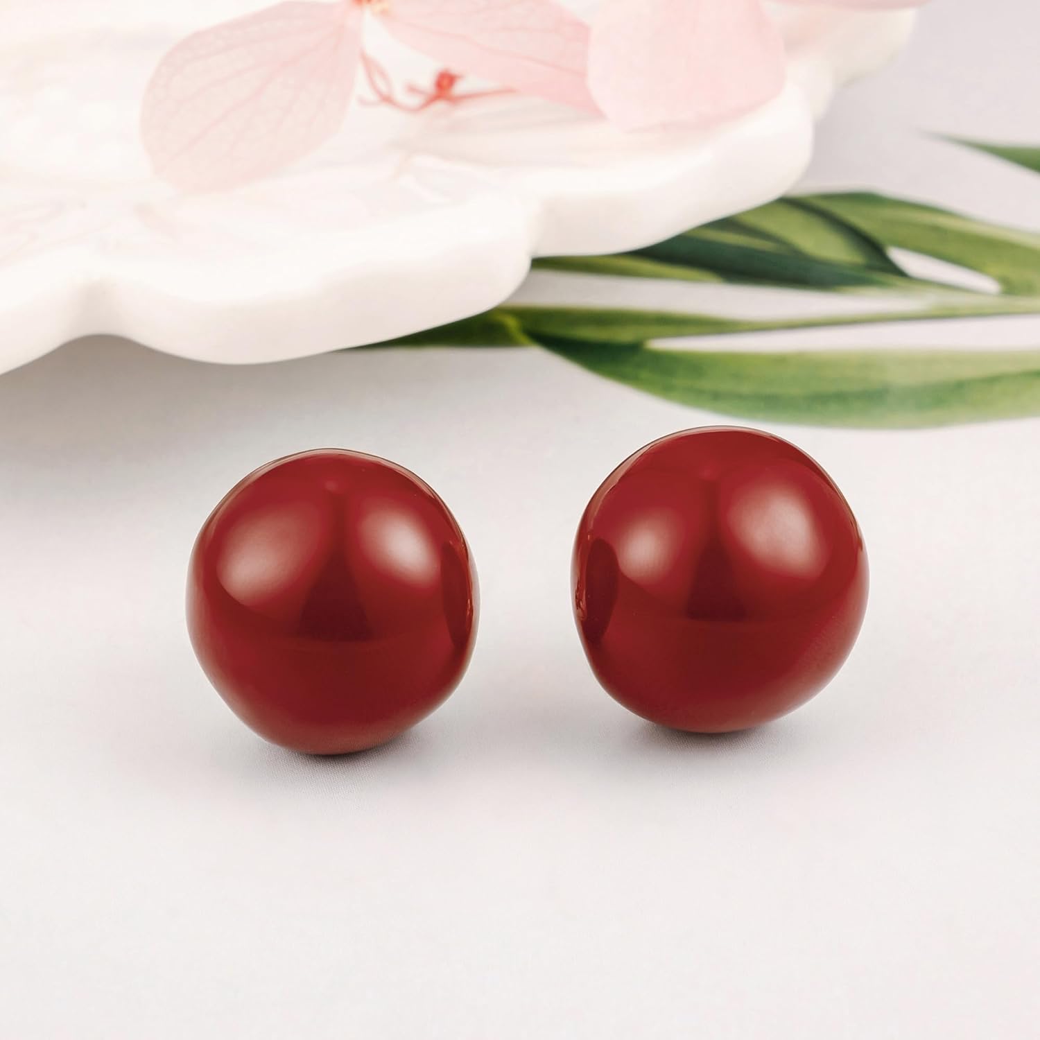 Red Enamel Ball Big Earrings Fake Earrings for Women Stud Earrings Non-piercing Clip on Earrings - Image 3