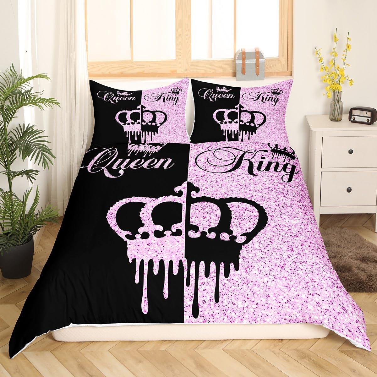 Homemissing Modern King and Queen Crown Duvet Cover King Size Black and Pink Bedding Set Teens Adults Couple Comforter Cover Set 3 Pieces Girls Boys Valentines Day Gifts Bedding (No Glitter) - Image 3