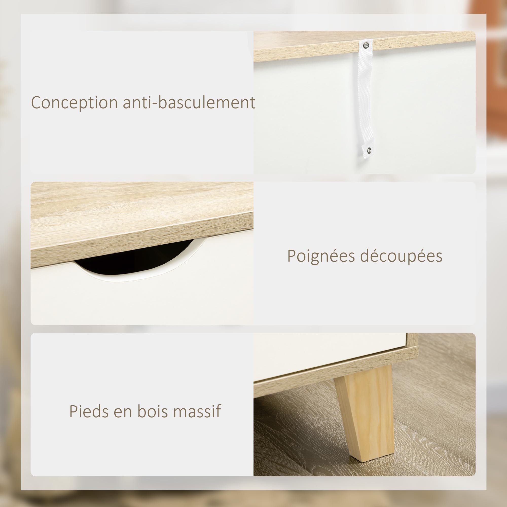 HOMCOM Commode 6 tiroirs Commode Chambre Meuble de Rangement Style scandinave avec Pieds en Bois, pour Chambre à Coucher, Salon, 120 x 40 x 76 cm, Aspect Bois et Blanc