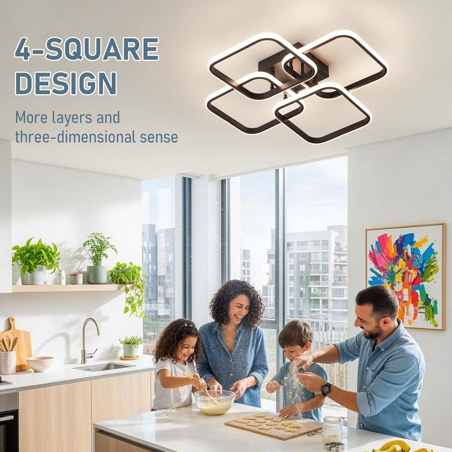 CANEOE Modern Black Led Ceiling Light, Square Dimmable Flush Mount Ceiling Light with Remote Control, Bedroom Ceiling Lighting Fixture for Living Room Dining Room Kitchen Office