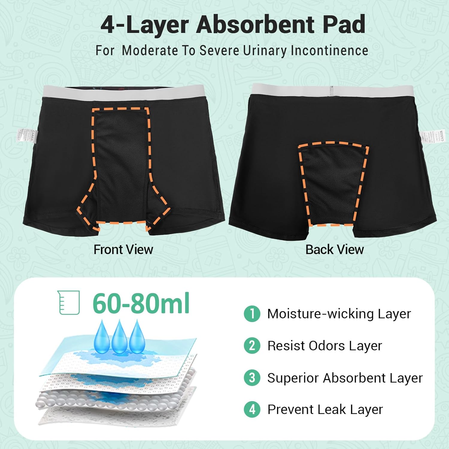 Carer 3 Pack Boys Incontinence Underwear Washable Reusable Kids Cotton Incontinence Boxer Briefs with Front Absorbency Leakproof Underwear for Youth Boys Age 4-18 S/M(1 Green/2 Black) - Image 2