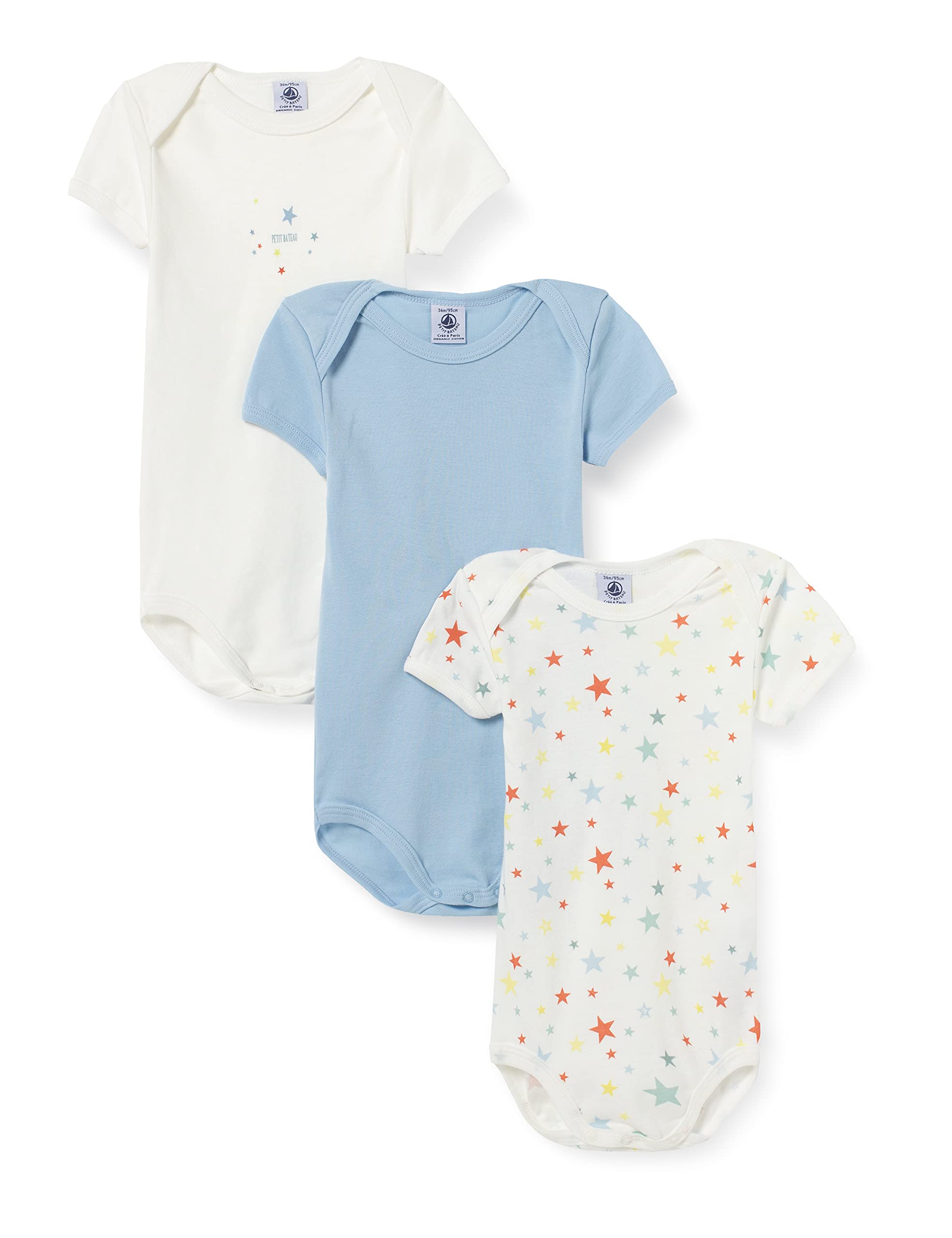 BABIES' COLOURFUL STARRY SHORT-SLEEVED ORGANIC COTTON BODYSUITS - 3-PACK STYLE 59429 SIZES 3-36 MONTHS