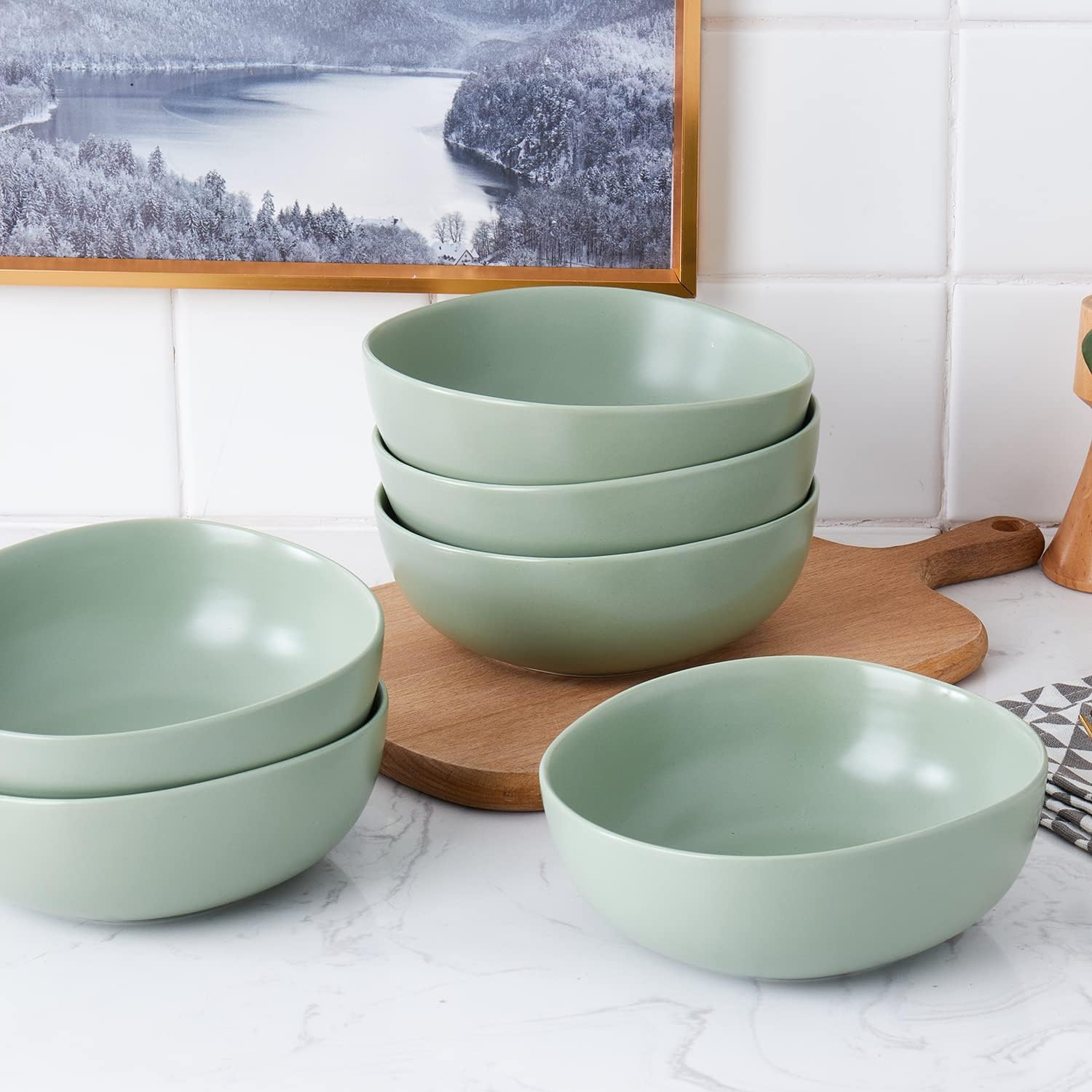 Stone Lain Delilah Honeydew Green 6" Bowl 6-Piece Porcelain Dish Set – Kitchen Bowls for Everyday Dining, Soups, Salads, Pasta, Cereal, Snacks & More – Microwave & Dishwasher Safe
