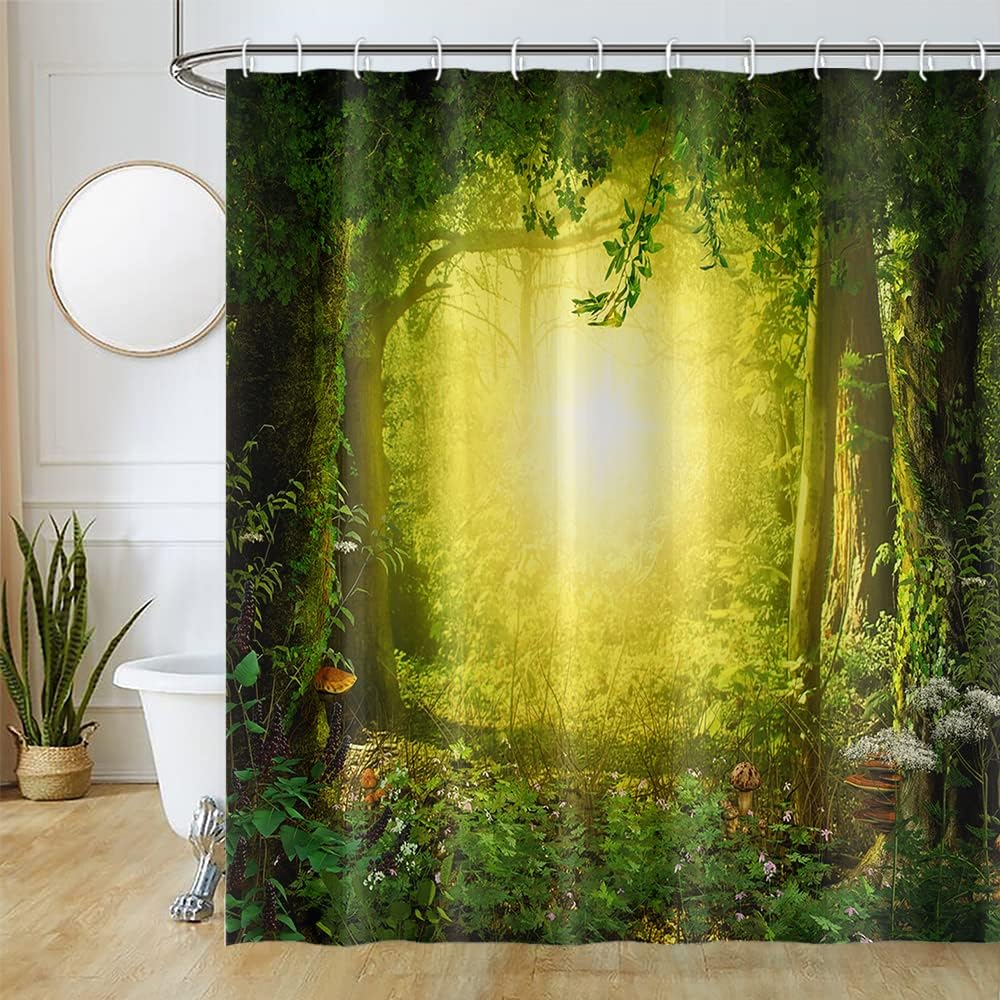 Enchanted Forest Shower Curtain Jungle Magical Lush Trees Plant Wildflower Nature Wonderland Landscape Shower Curtain 72x72 Inch Waterproof Polyester Bathroom Decor with Hooks