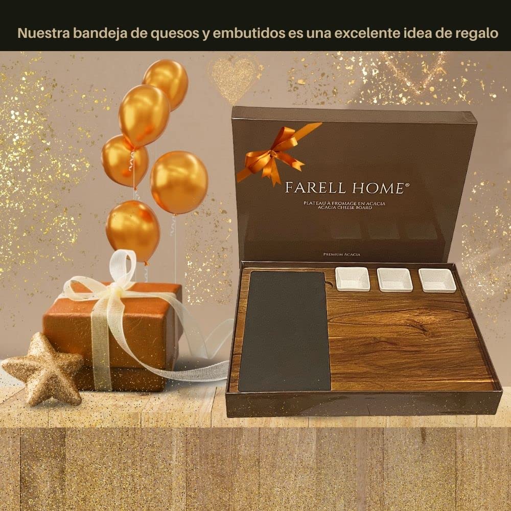 Tabla de quesos y embutidos de madera de acacia - Plato de quesos para aperitivo - Cubiertos de cerámica, pizarra y ramequín - Caja de degustación XL - Idea de regalo.