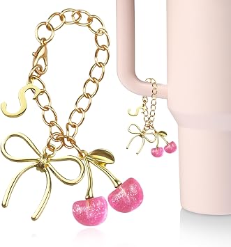 Gold Letter Charms with Bow and Cherry for Stanley Cup Accessories,for Stanley Handle 40Oz Tumblers,Water Bottle CupInitial Keychain for Women