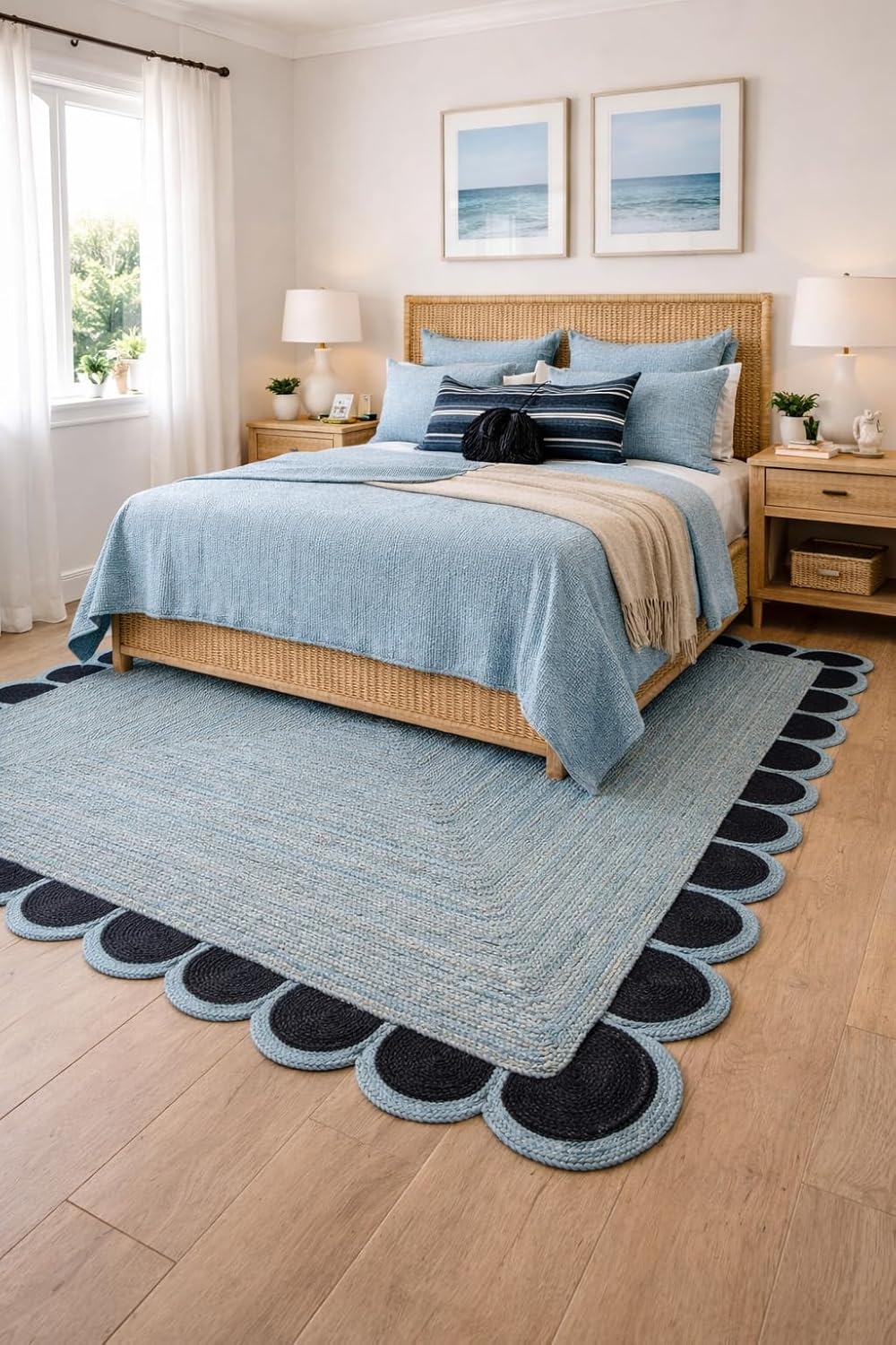 Scalloped Natural Jute Area Rugs 9x12 Handmade Indian Jute Braided Rug Thick 0.27" Scalloped Blue & Black Rugs for Living Room, Dining Area, Farmhouse Design Carpet