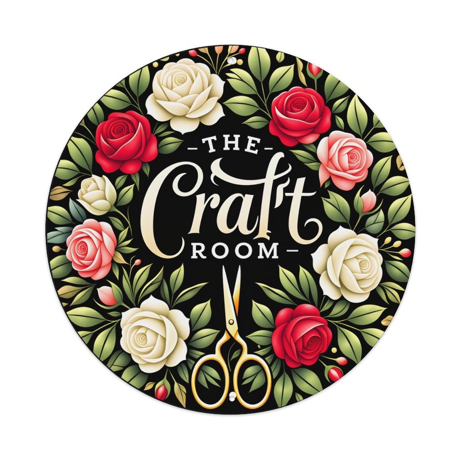 Floral Wreath With Roses And Scissors Round Vintage Tin Sign,Retro Wall Art,Metal Poster for Home, Bar, Garage, Cafe, Rustic Indoor & Outdoor Decor, 8x8 Inches