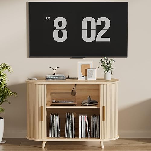 Miniatura 11 de Soporte para tocadiscos de vinilo con luces LED y estación de carga, soporte grande para discos con puerta corrediza para tocadiscos, altavoces,